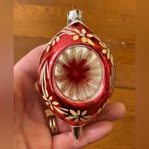 Vtg Poland Red Teardrop Indent Blown Glass Christmas Ornament Hand Painted